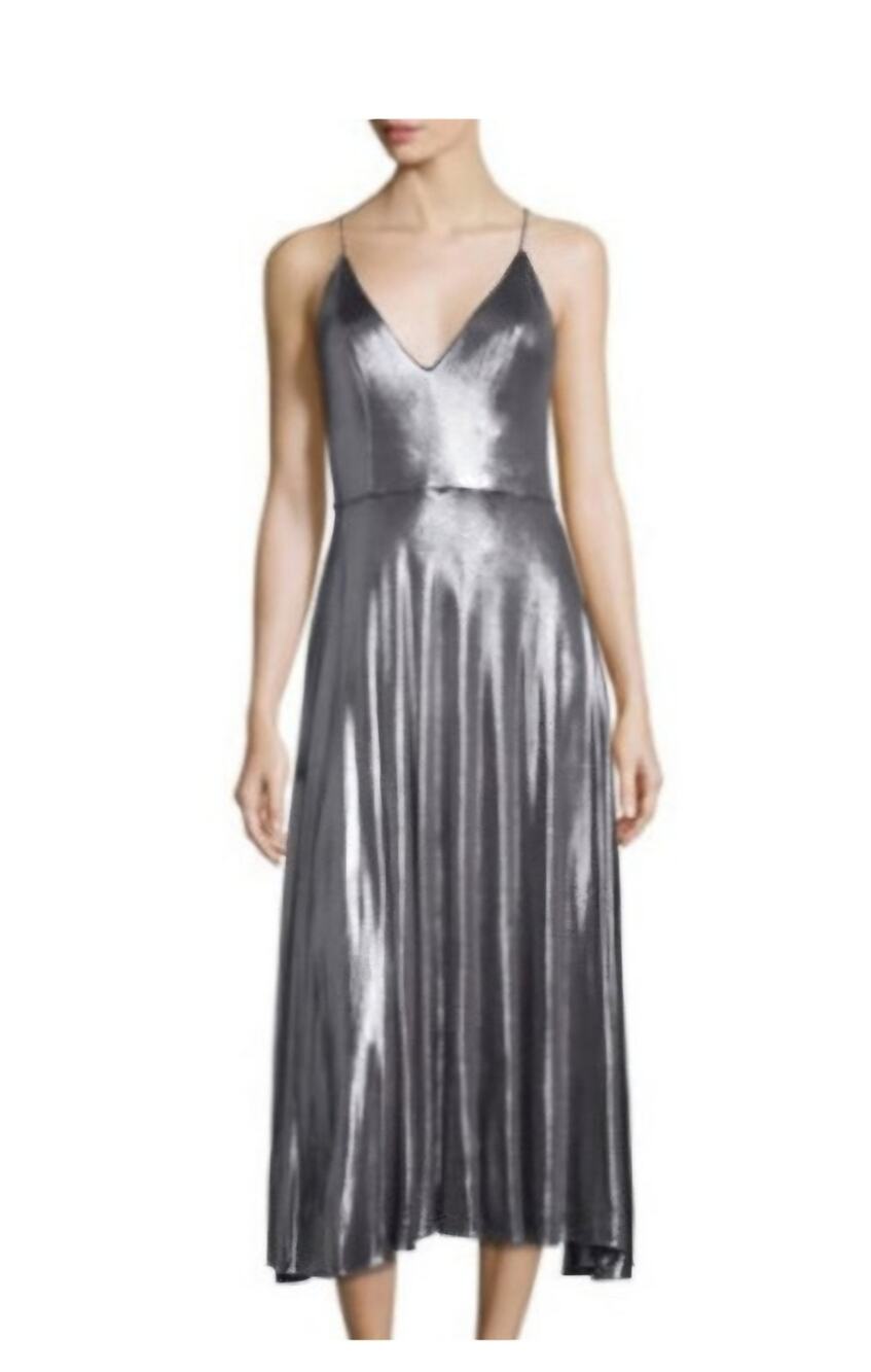 Halston Heritage Metallic Liquid Shimmer Asymmetric Handkerchief Hem Midi Dres 8